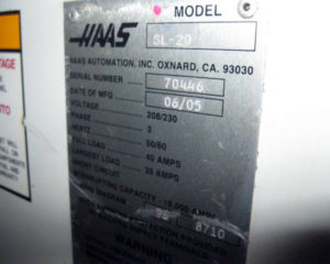 Used Haas Lathe CNC SL-20 - SN Tag